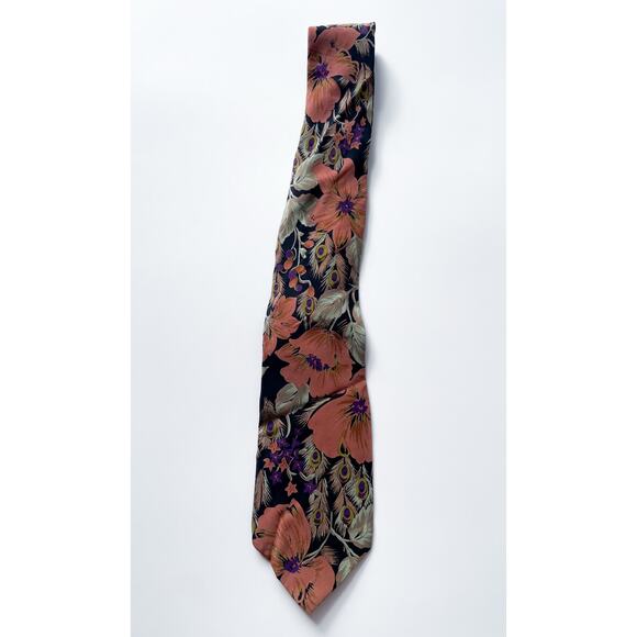 Vintage Floral and Peacock Feather Pierre Balmain Paris Silk Neck Tie - Picture 1 of 4